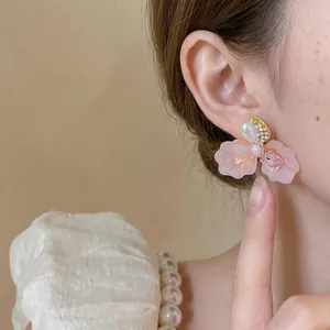 Elegant French style pink floral stud earrings with pearl and rhinestone details for women