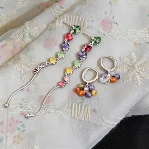 Elegant multi-color zircon tassel earrings and silver hoop studs set for women