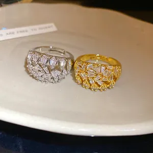 Luxury 18k gold plated geometric hollow adjustable ring set with sparkling zircons