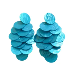 Bohemian bright blue acrylic tiered round disc drop earrings with marbled texture