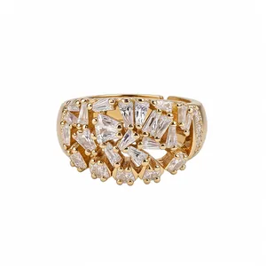 18K gold plated geometric hollow open ring featuring cluster cubic zirconia for women