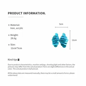 Product size and material details for blue layered acrylic round earrings