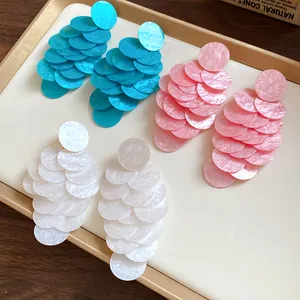 Elegant vacation style acrylic marbled circle tassel drop earrings in blue pink and white