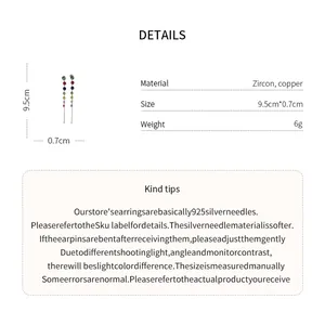 Detailed specifications for colorful zircon tassel earrings showing size and materials