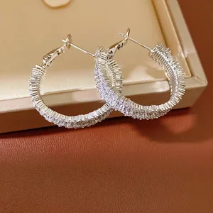 Geometric Round Zirconia Inlaid Stud Earrings Copper Gold Silver Plated Hoop Earrings For Women Fashion Jewelry Light Luxury Style