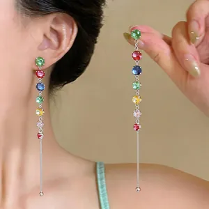 Vibrant long tassel earrings featuring colorful round zircons for a stylish summer look