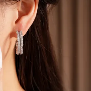 Elegant silver needle hoop earrings featuring pavé zircons worn on a model ear