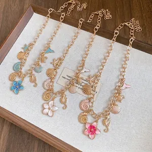 Collier Pendentif Fleur Alliage Or Vintage Émail Coquillage Bohème Marine Étoile de Mer Hippocampe Breloques Collier Femme Bijoux