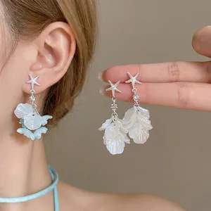 Élégantes Boucles d'Oreilles Étoile de Mer Coquille Fleur Gland Avec Tige en Argent Strass Style Vacances Bijoux Femme