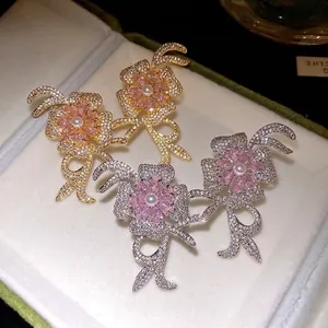 Luxury 18k gold plated flower earrings set with pink zircon and pearls for women