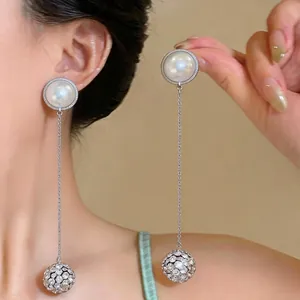 French Style Luxury Long Chain Artificial Pearl Rhinestone Ball Drop Earrings With 925 Sterling Silver Earring Post For Women Elegant Jewelry