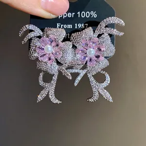 Elegant silver needle zircon pearl flower stud earrings with 18k real gold plating finish