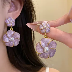 Elegant vintage French style purple flower drop earrings with white pearl center