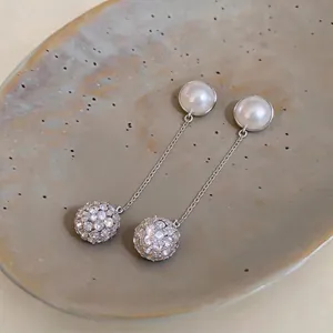 Elegant French style silver needle pearl and sparkling crystal ball drop earrings for women