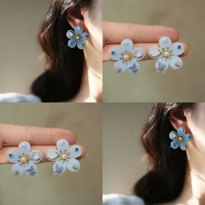 French Vintage Blue Flocked Flower Stud Earrings For Women With Silver Earring Post Artificial Pearl Rhinestone Jewelry Gift