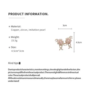 Detailed specifications for 18k gold plated flower earrings with pink zircon and pearls.