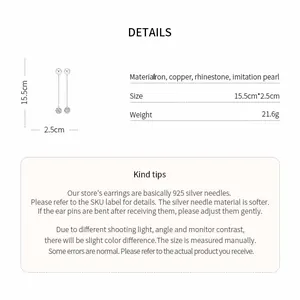 Detailed specifications for long pearl drop earrings with rhinestones and silver needles