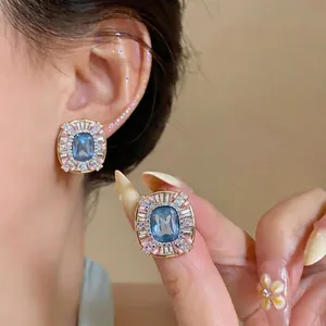 French Palace Style Geometric Blue Pink Rhinestone Stud Earrings With 925 Sterling Silver Post Gold Plated Luxury Vintage Earring Jewelry