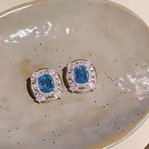 Elegant French palace style blue and pink geometric crystal stud earrings for women