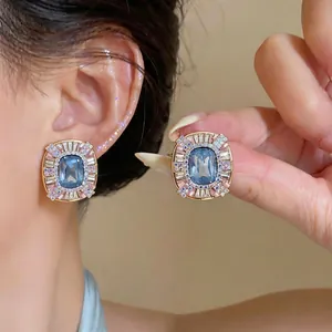 Elegant French vintage blue and pink crystal geometric stud earrings for stylish women