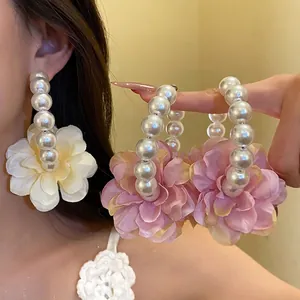 Boucles d'Oreilles Créoles en Tissu à Fleurs Vintage Français pour Femmes Exquises Boucles d'Oreilles Rondes en Perles Artificielles Bijoux