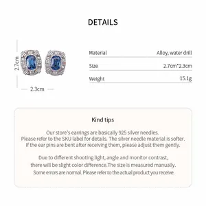 Product specifications for blue crystal earrings with dimensions and material info.