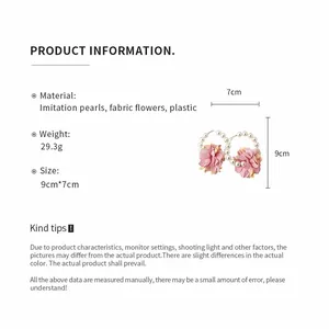 Fiche technique détaillée des boucles d'oreilles créoles fleurs en tissu rose et perles.