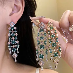 18K Gold Plated Flower Tassel Earrings For Women Elegant Silver Earring Post With Pink Green Zirconia Luxury Party Jewelry