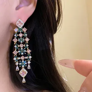 Elegant 18k gold plated floral zircon tassel chandelier earrings for a luxury look