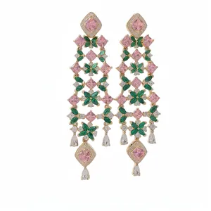 Elegant 18k gold plated zircon flower tassel earrings with pink and green gemstones.