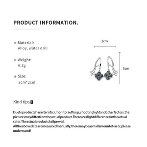 Detailed product specifications and dimensions for silver flower drop earrings with rhinestones