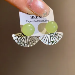 Vintage ethnic style fan-shaped drop earrings with green resin beads and bamboo pattern