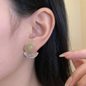 Vintage ethnic style fan pendant earrings with green resin stud and silver needles