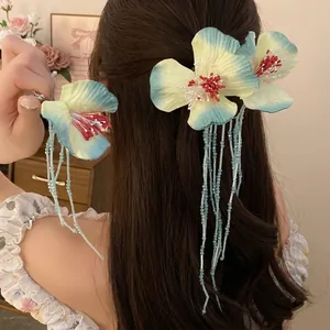 Bohemian Floral Fabric Hair Clip With Beaded Tassel Sweet Duckbill Clip Elegant Flower Vacation Hair Accessory For Women