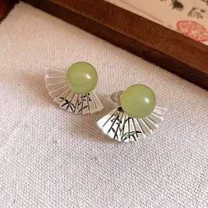 Vintage fan-shaped silver needle earrings with green resin beads and bamboo pattern