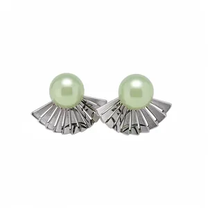 Elegant vintage fan-shaped stud earrings featuring light green resin pearl and bamboo detail
