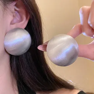 Vintage European Large Round Stud Earrings With Silver Earring Post Brushed Metal Sphere Earrings For Women Elegant Jewelry Accessory