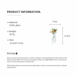 Product dimensions and material details for the floral tassel hair clip in cloth and glass