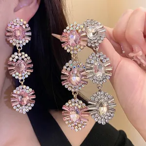 Elegant sparkling three-tier crystal tassel earrings with vintage pink and clear stones