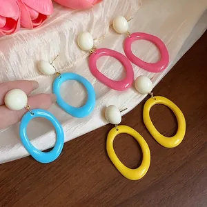 Colorful summer dopamine acrylic geometric oval stud earrings in pink blue and yellow