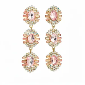 Elegant tiered pink oval crystal drop earrings with sparkling rhinestones for women