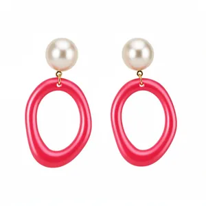 Vibrant pink acrylic geometric drop earrings with pearl studs for summer style