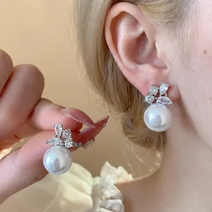 Exquisite silver needle pearl stud earrings with sparkling cubic zirconia for women