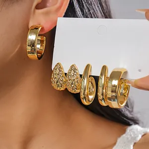 Women Minimalist Gold Geometric Earrings Drop And C-Shaped Textured Stud Earrings Assortment Fashion Jewelry For Daily Wear