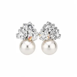Elegant Korean style sparkling zircon crystal cluster and white pearl stud earrings