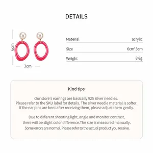 Pink acrylic geometric oval earrings with pearls and 925 silver needles size guide