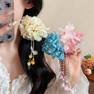 Resort Style Fabric Flower Hair Clip with Artificial Pearl Tassel Elegant Sweet Duckbill Clip Floral Headwear for Women