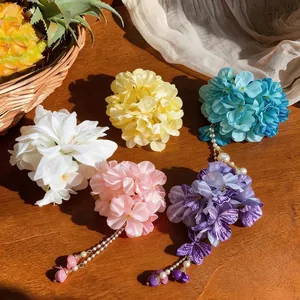 Exquisite fabric flower hair clips with pearl tassels in multiple vibrant colors