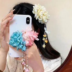 Exquisite fabric flower hair clip with pearls and tassels for vacation style