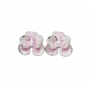 Elegant silver orchid flower stud earrings with pink enamel and sparkling zircon center.